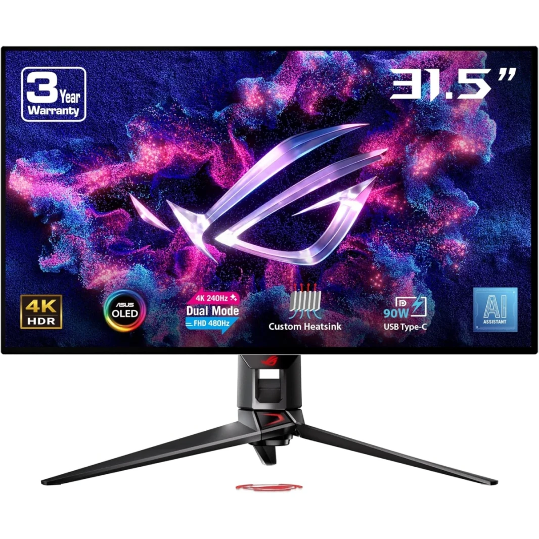 ASUS ROG SWIFT PG32UCDP 32 "4K OLED WOLED ، الوضع المزدوج (4K 240Hz ، FHD 480Hz) ، 0.03ms ، G-Sync متوافق ، غرفة التبريد المخصصة ، AI Gaming ، 99 ٪ DCI-P3 ، True 10-bit ، USB-C 90W