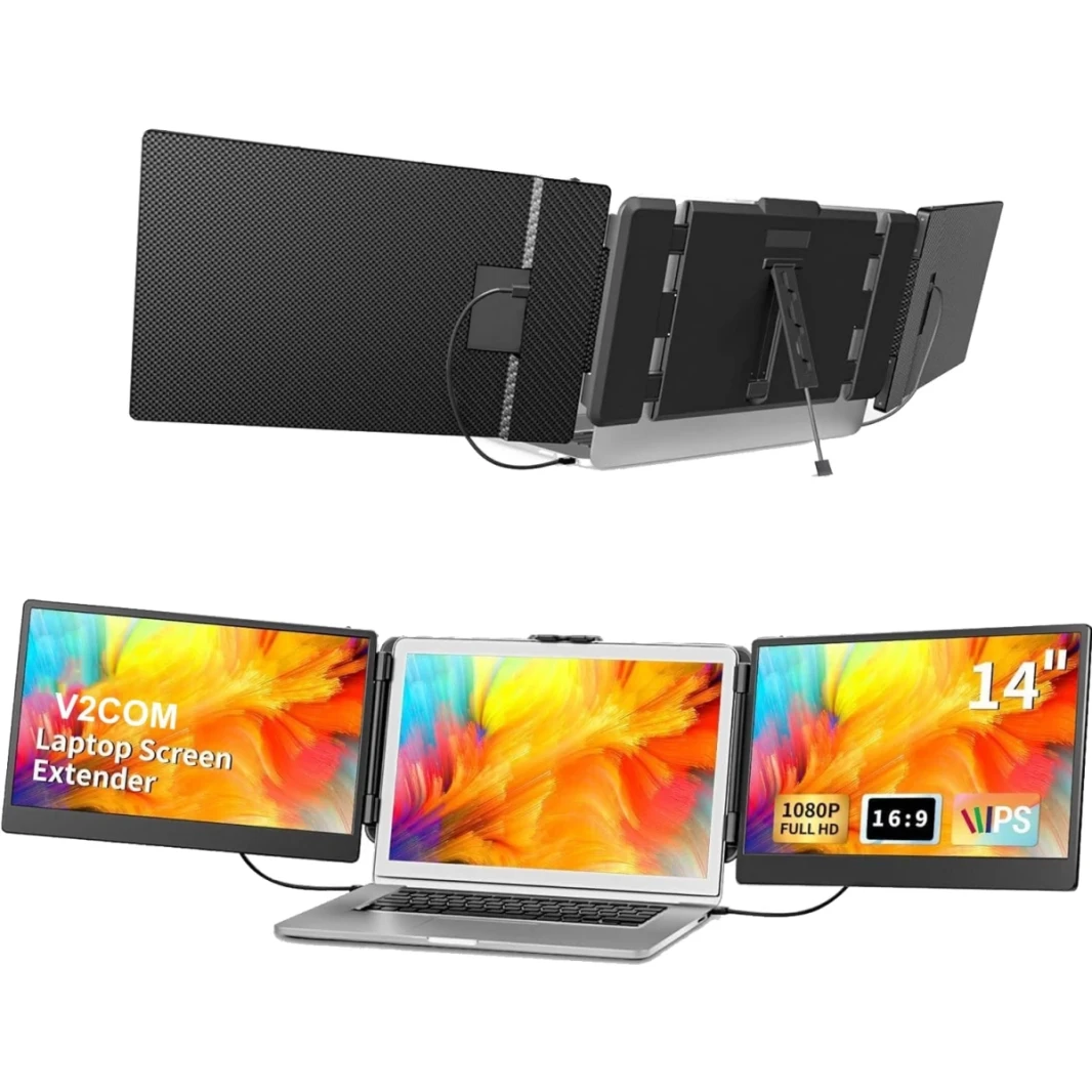 V2COM S2 14 "IPS Full HD Triple Screen Screen Monitable لأجهزة الكمبيوتر المحمولة 13-17.3" مع منفذ HDMI/USB-A/Type-C المدمج في مكبرات الصوت