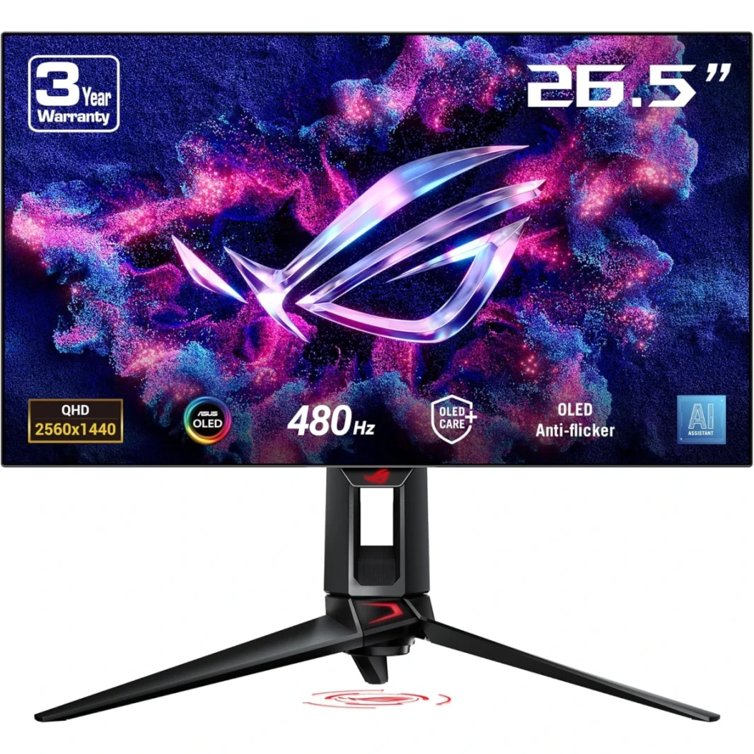ASUS ROG SWIFT PG27AQDP 27 "OLED QHD 2K 480Hz 0.03MS HDR400 99 ٪ DCI-P3 DISTINCH ، ASUS OLED CARE+، AI Assistant G-Sync Compatible ، Black