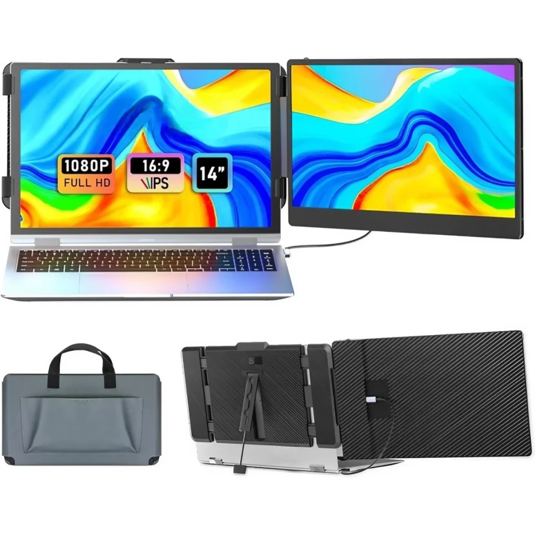 V2COM S1 14 "IPS Full HD Extender Dual Screen Monitor Monitor لأجهزة الكمبيوتر المحمولة 13-17.3" مع منفذ USB-C/HDMI المدمج في مكبرات الصوت