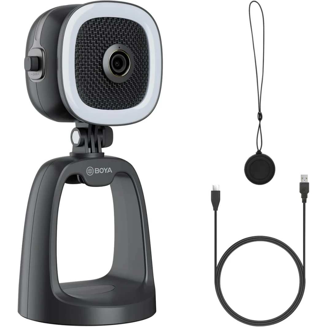 Boya by -CM6A USB مكثف ميكروفون لتدفق MAMING PC PODCAST MIC مع كاميرا عالية الدقة 1080p وملء الضوء لاستوديوهات YouTube تسجيل فيديو غناء لنظام التشغيل Windows MAC جهاز سطح المكتب MAC MAC -BLACK