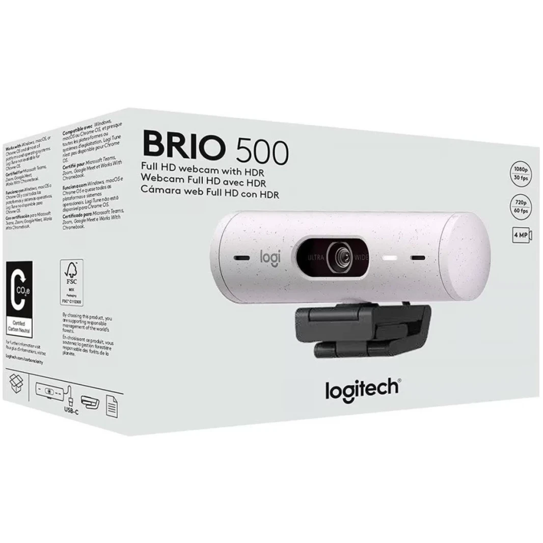 Logitech Brio 500 كاميرا الويب الكاملة عالية الدقة مع تصحيح الضوء التلقائي عرض وضع خصوصية تقليل الضوضاء المزدوج لفرق Microsoft و Google Meet و Zoom و USB-C Cable