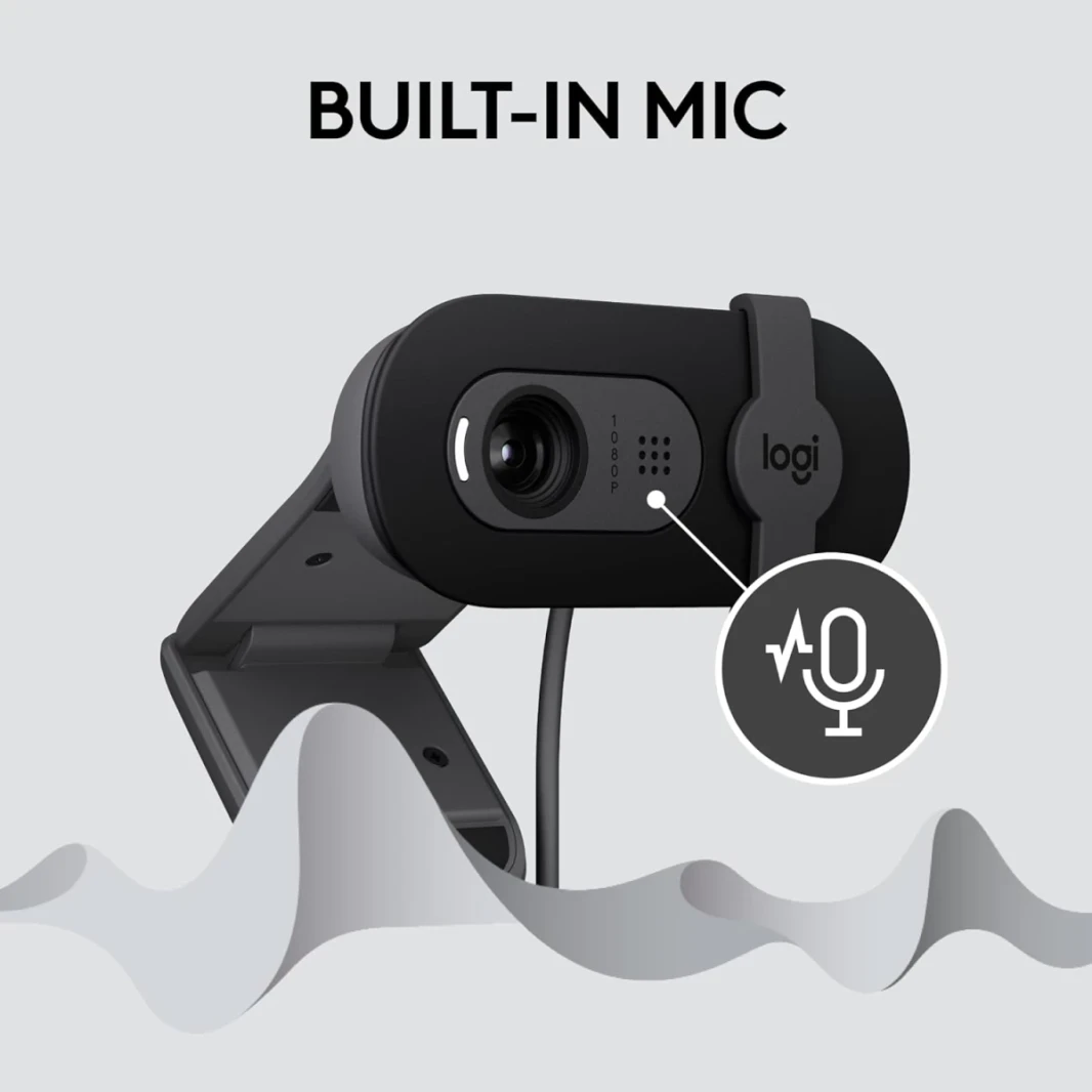 Logitech Brio 100 Full HD 1080p WebCam للاجتماعات والأعمال توازن الضوء الذاتي مع مُصنّع الميكروفون ومصراع الخصوصية USB-A-أسود