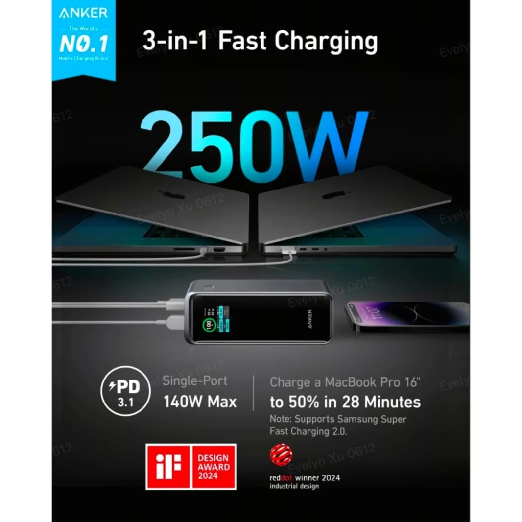 Anker Prime Power Bank ، 27،650mAh 3-Port 250W شاحن محمول للسفر ، تطبيق TSA-Aproved ، Smart ، لـ MacBook Pro/Air ، iPhone 16/15/14 ، Samsung ، أجهزة الكمبيوتر المحمولة-Black