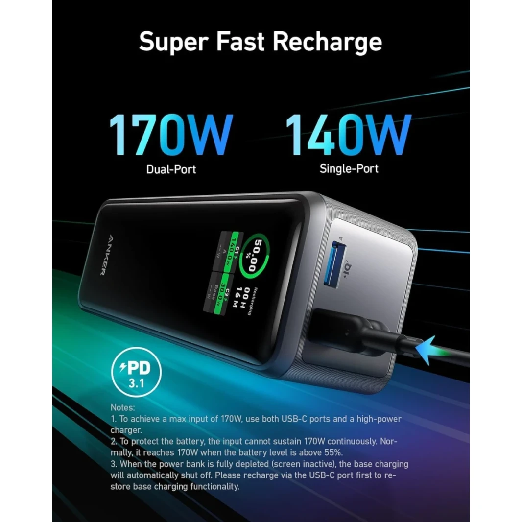 Anker Prime Power Bank ، 27،650mAh 3-Port 250W شاحن محمول للسفر ، تطبيق TSA-Aproved ، Smart ، لـ MacBook Pro/Air ، iPhone 16/15/14 ، Samsung ، أجهزة الكمبيوتر المحمولة-Black