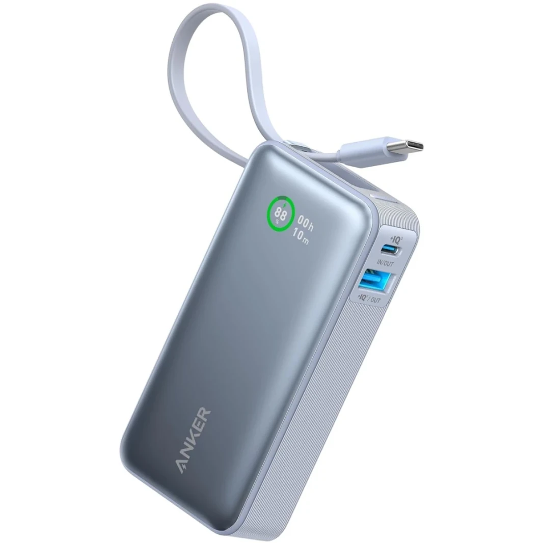 Anker Nano Power Bank ، شاحن محمول 10000 مللي أمبير في الساعة مع كابل USB-C مدمج ، إخراج 30W كحد أقصى ، لسلسلة iPhone 16/15 ، MacBook ، AirPods ، والمزيد-Ice Lake Blue