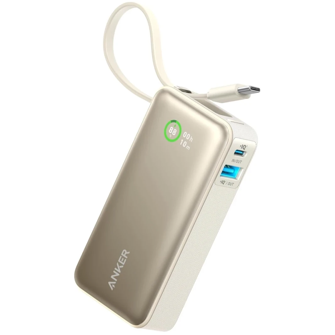 Anker Nano Power Bank ، شاحن محمول 10000 مللي أمبير في الساعة مع كابل USB-C مدمج ، و 30W كحد أقصى ، لسلسلة iPhone 16/15 ، MacBook ، AirPods ، والمزيد-Shell White
