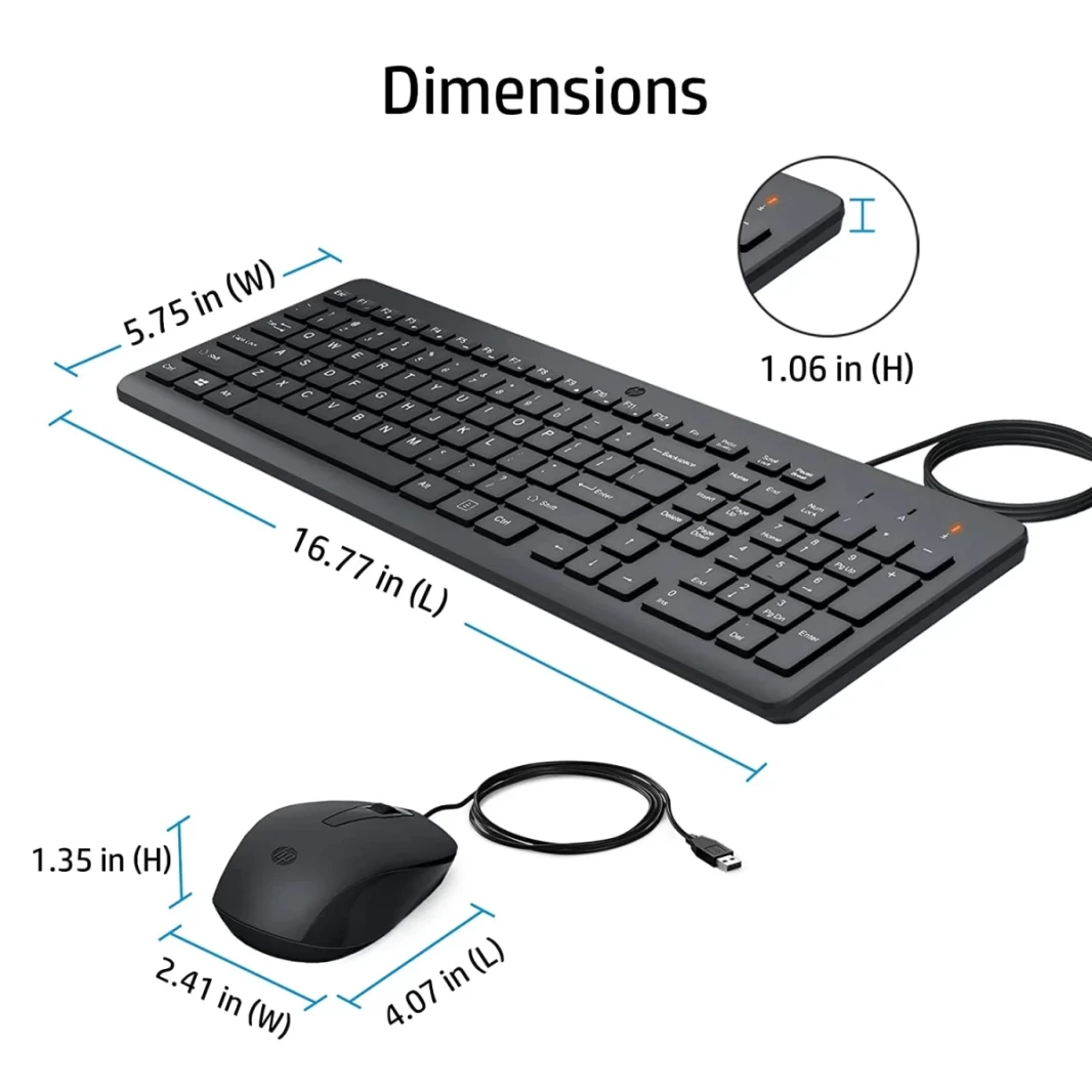 HP 150 لوحة مفاتيح سلكية و Mouse Combo USB 12 مفاتيح اختصار 6 ° لوحة مفاتيح منحدر قابلة للتعديل و 1600 نقطة في البوصة الماوس الضوئي