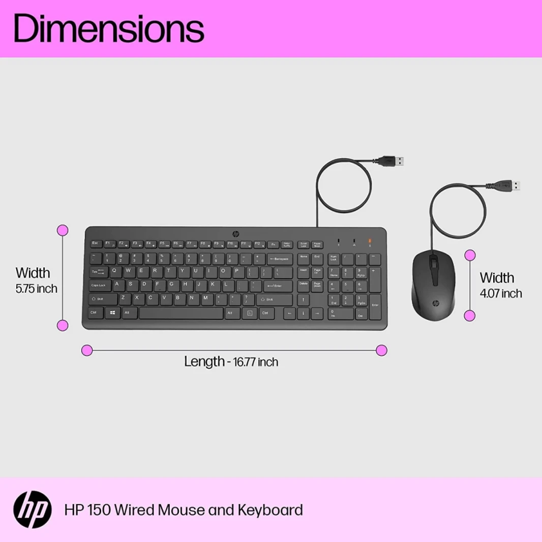 HP 150 لوحة مفاتيح سلكية و Mouse Combo USB 12 مفاتيح اختصار 6 ° لوحة مفاتيح منحدر قابلة للتعديل و 1600 نقطة في البوصة الماوس الضوئي