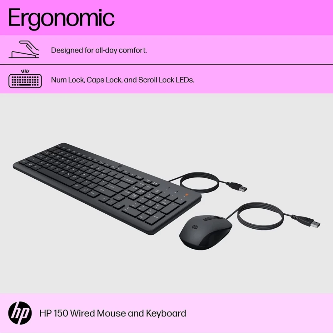 HP 150 لوحة مفاتيح سلكية و Mouse Combo USB 12 مفاتيح اختصار 6 ° لوحة مفاتيح منحدر قابلة للتعديل و 1600 نقطة في البوصة الماوس الضوئي