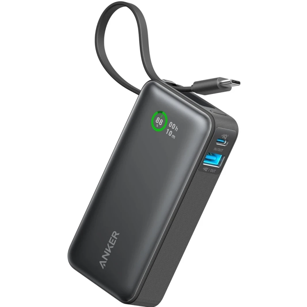 Anker Nano Power Bank ، شاحن محمول 10000 مللي أمبير في الساعة مع كابل USB-C مدمج ، إخراج 30W كحد أقصى ، لسلسلة iPhone 16/15 ، MacBook ، AirPods ، والمزيد-Black