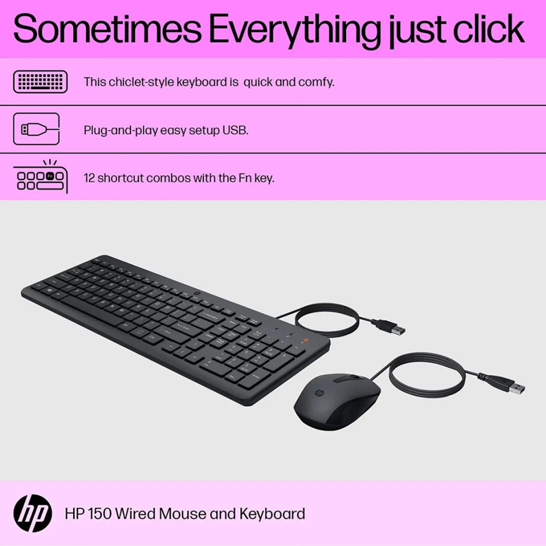 HP 150 لوحة مفاتيح سلكية و Mouse Combo USB 12 مفاتيح اختصار 6 ° لوحة مفاتيح منحدر قابلة للتعديل و 1600 نقطة في البوصة الماوس الضوئي