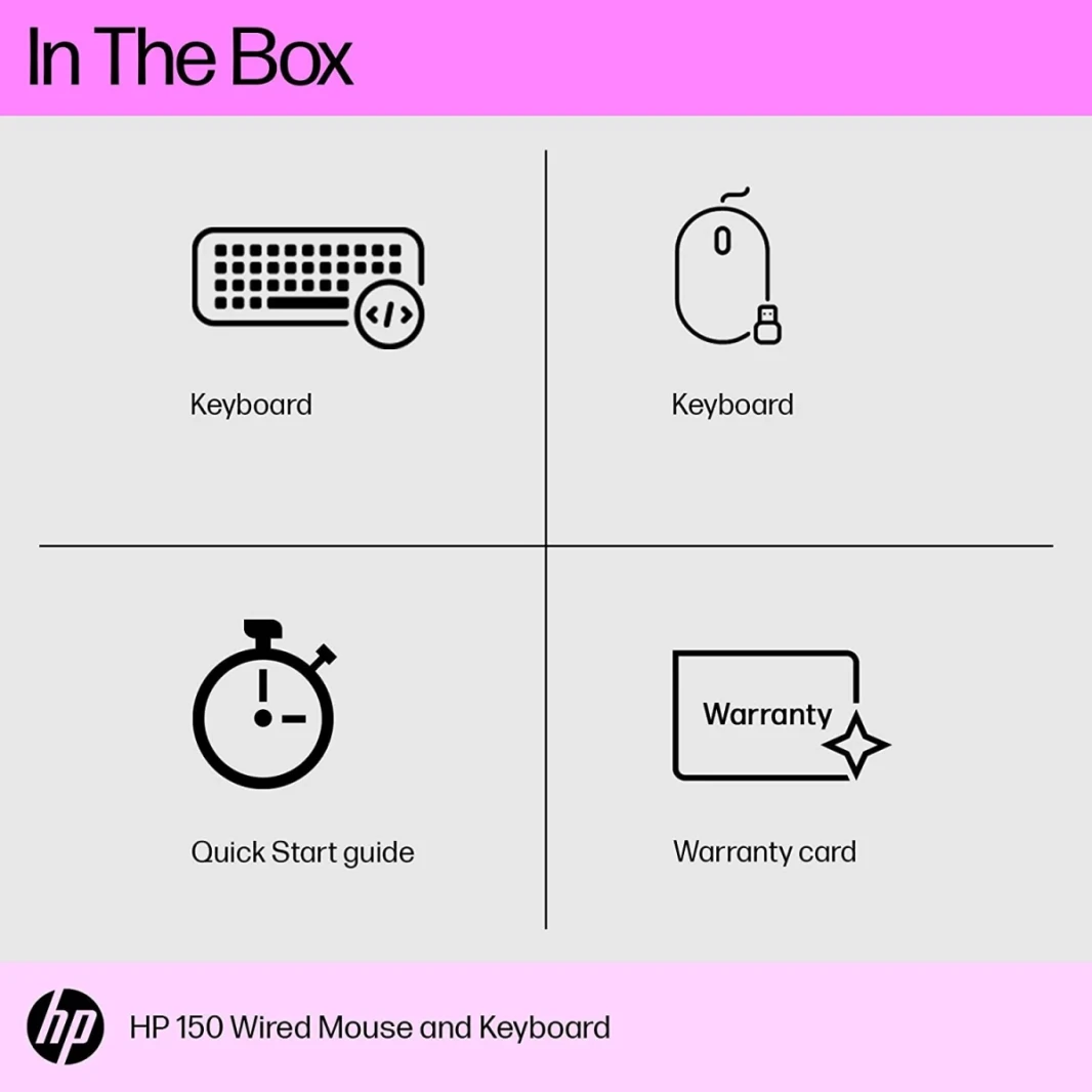 HP 150 لوحة مفاتيح سلكية و Mouse Combo USB 12 مفاتيح اختصار 6 ° لوحة مفاتيح منحدر قابلة للتعديل و 1600 نقطة في البوصة الماوس الضوئي