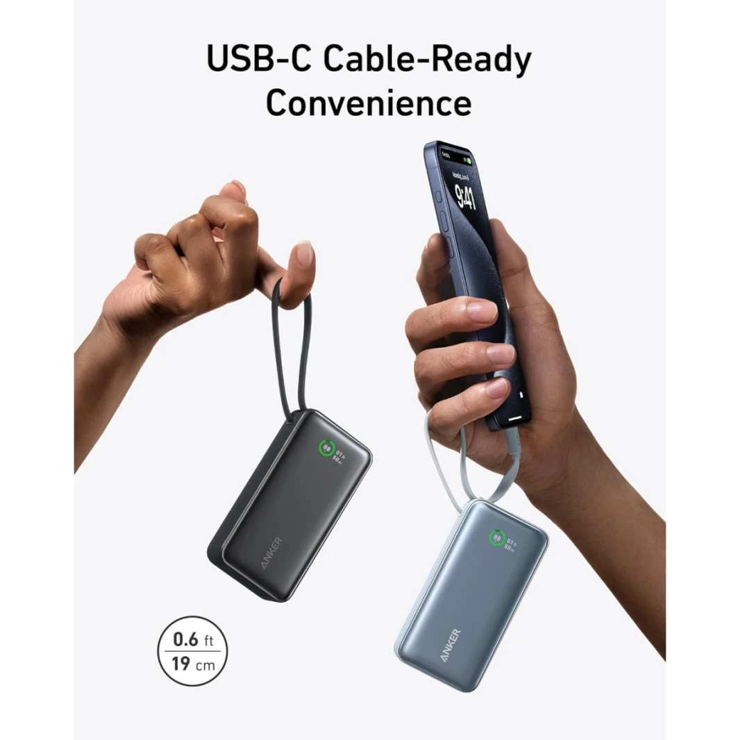 Anker Nano Power Bank ، شاحن محمول 10000 مللي أمبير في الساعة مع كابل USB-C مدمج ، إخراج 30W كحد أقصى ، لسلسلة iPhone 16/15 ، MacBook ، AirPods ، والمزيد-Black