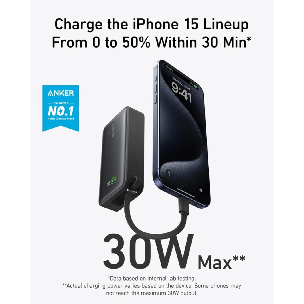 Anker Nano Power Bank ، شاحن محمول 10000 مللي أمبير في الساعة مع كابل USB-C مدمج ، إخراج 30W كحد أقصى ، لسلسلة iPhone 16/15 ، MacBook ، AirPods ، والمزيد-Black