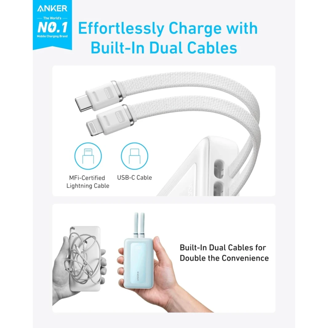Anker Zolo Power Bank ، شاحن محمول سريعًا بحجم 20.000 مللي أمبير في الساعة 30،000 مللي أمبير كحد أقصى مع كابلات Lightning معتمدة من USB-C و MFI ، USB-C & A ، حزمة البطارية لسلسلة iPhone 16/15 ، MacBook ، Galaxy-White