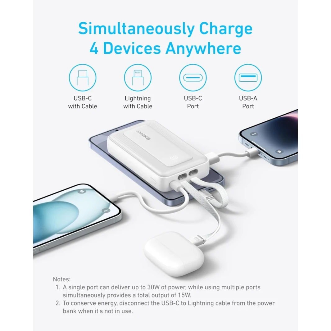 Anker Zolo Power Bank ، شاحن محمول سريعًا بحجم 20.000 مللي أمبير في الساعة 30،000 مللي أمبير كحد أقصى مع كابلات Lightning معتمدة من USB-C و MFI ، USB-C & A ، حزمة البطارية لسلسلة iPhone 16/15 ، MacBook ، Galaxy-White