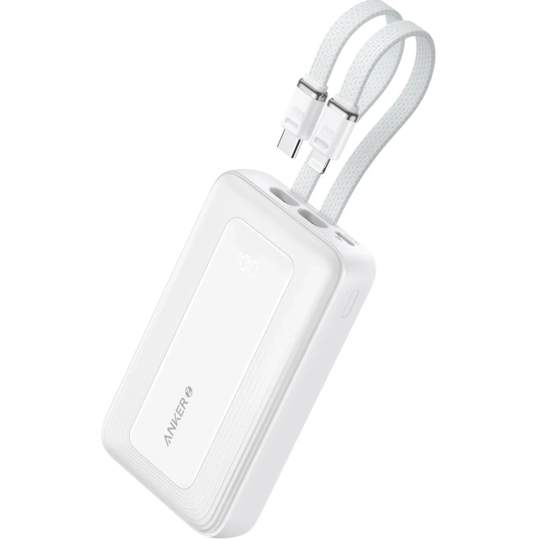 Anker Zolo Power Bank, 10,000mAh 30W Max Fast Portable Charger with Built-in USB-C and MFi Certified Lightning Cables, USB-C&A, Battery Pack for iPhone 16/15 Series, MacBook, Galaxy - White