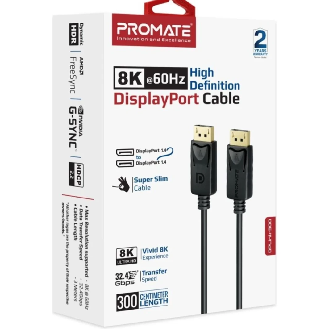 كبل عرض Promate DisplayPort ، سلك عرض فيديو متميز Ultra HD 8K@60Hz مع ناقل حركة عرضي 32.4 جيجابت في الثانية ، موصلات مطلية بالذهب ، كابل سليم Super Super - Black