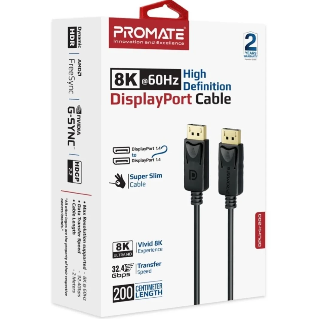 كبل عرض Promate DisplayPort ، سلك عرض فيديو متميز HD 8K@60Hz مع ناقل حركة عرضي 32.4 جيجابت في الثانية ، موصلات مطلية بالذهب ، كابل سليم سليم - أسود 2M - أسود