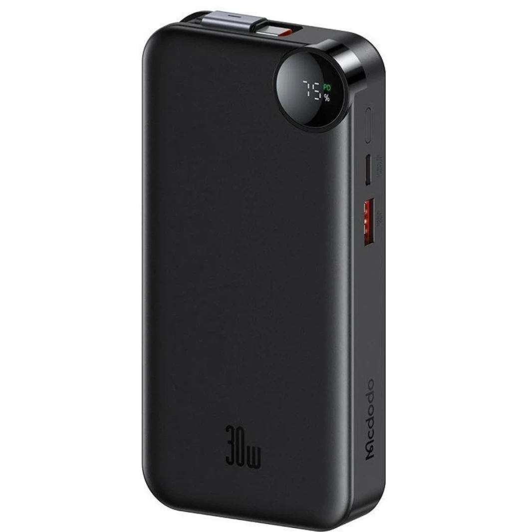 Mcdodo MC-3870 30W Built-In Retractable Cable Digital Display 10000mAh Power Bank - Black