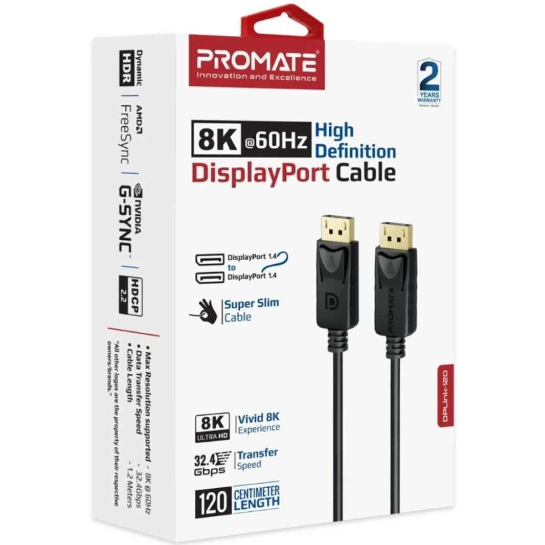 كبل عرض Promate DisplayPort ، سلك عرض فيديو متميز Ultra HD 8K@60Hz مع ناقل حركة عرضي 32.4 جيجابت في الثانية ، موصلات مطلية بالذهب ، كابل سليم Super Super - Black 1.2M