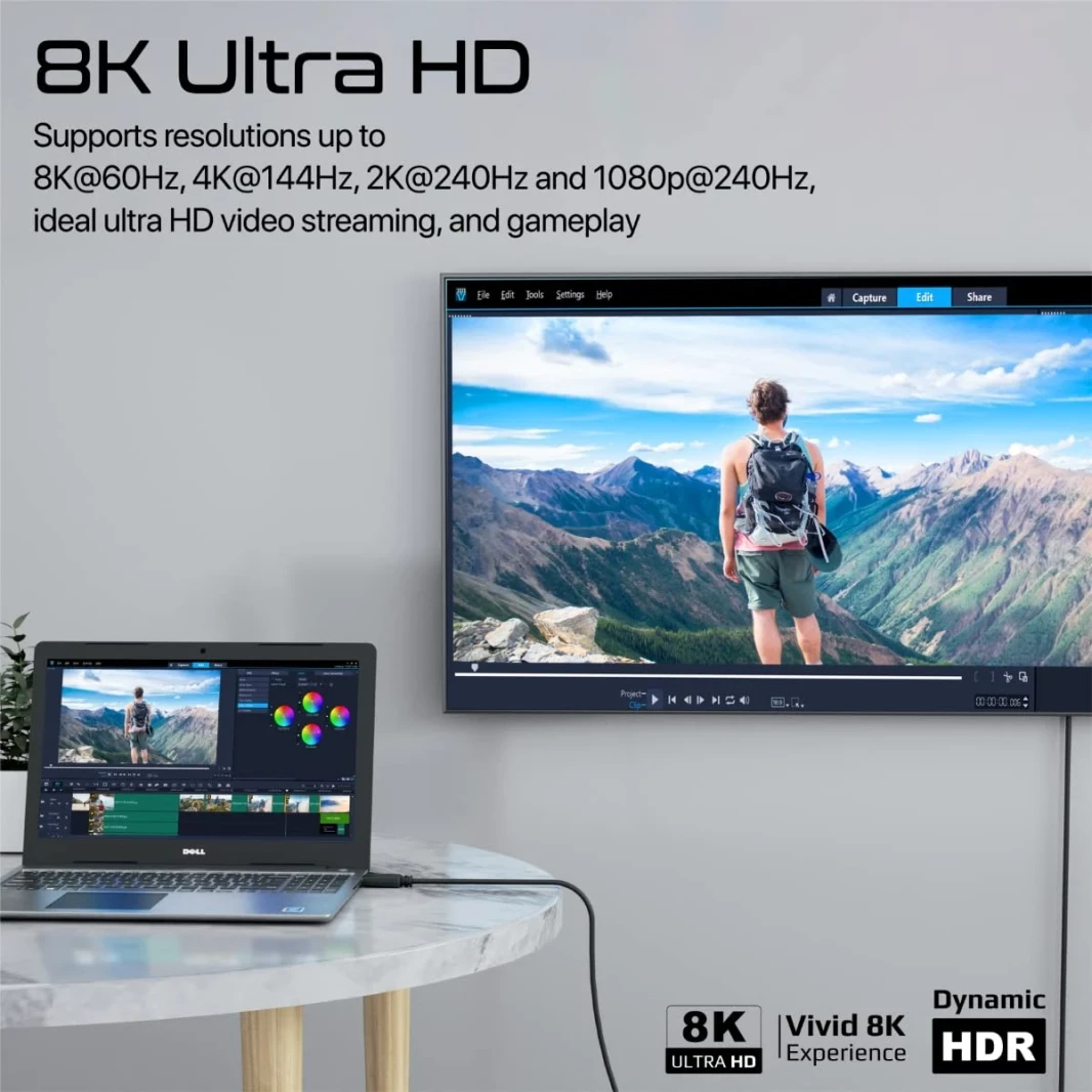 كبل عرض Promate DisplayPort ، سلك عرض فيديو متميز Ultra HD 8K@60Hz مع ناقل حركة عرضي 32.4 جيجابت في الثانية ، موصلات مطلية بالذهب ، كابل سليم Super Super - Black 1.2M