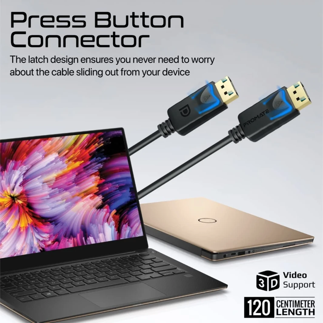 كبل عرض Promate DisplayPort ، سلك عرض فيديو متميز Ultra HD 8K@60Hz مع ناقل حركة عرضي 32.4 جيجابت في الثانية ، موصلات مطلية بالذهب ، كابل سليم Super Super - Black 1.2M
