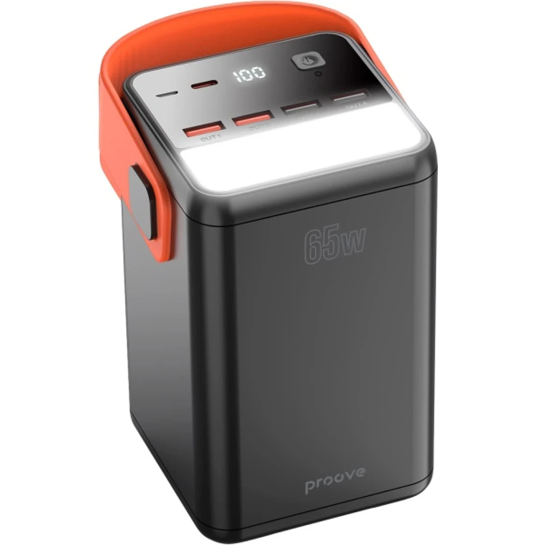 Prove Powerbox 65W 60000MAH BANTABLE POWERAL BANK ، TYPE-C + 4 USB-A ، Micro USB ، مع مصباح يدوي-أسود