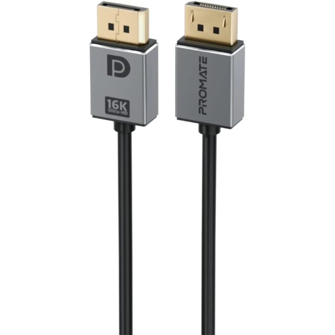 Promate DisplayPort 2.0 ، كابل ، فائقة عالي الدقة 16K@60 هرتز سلك عرض فيديو مع ناقل حركة عرض 80 جيجابت في الثانية ، موصلات مطلية بالذهب ، كابل سليم سبير - أسود 2M - أسود