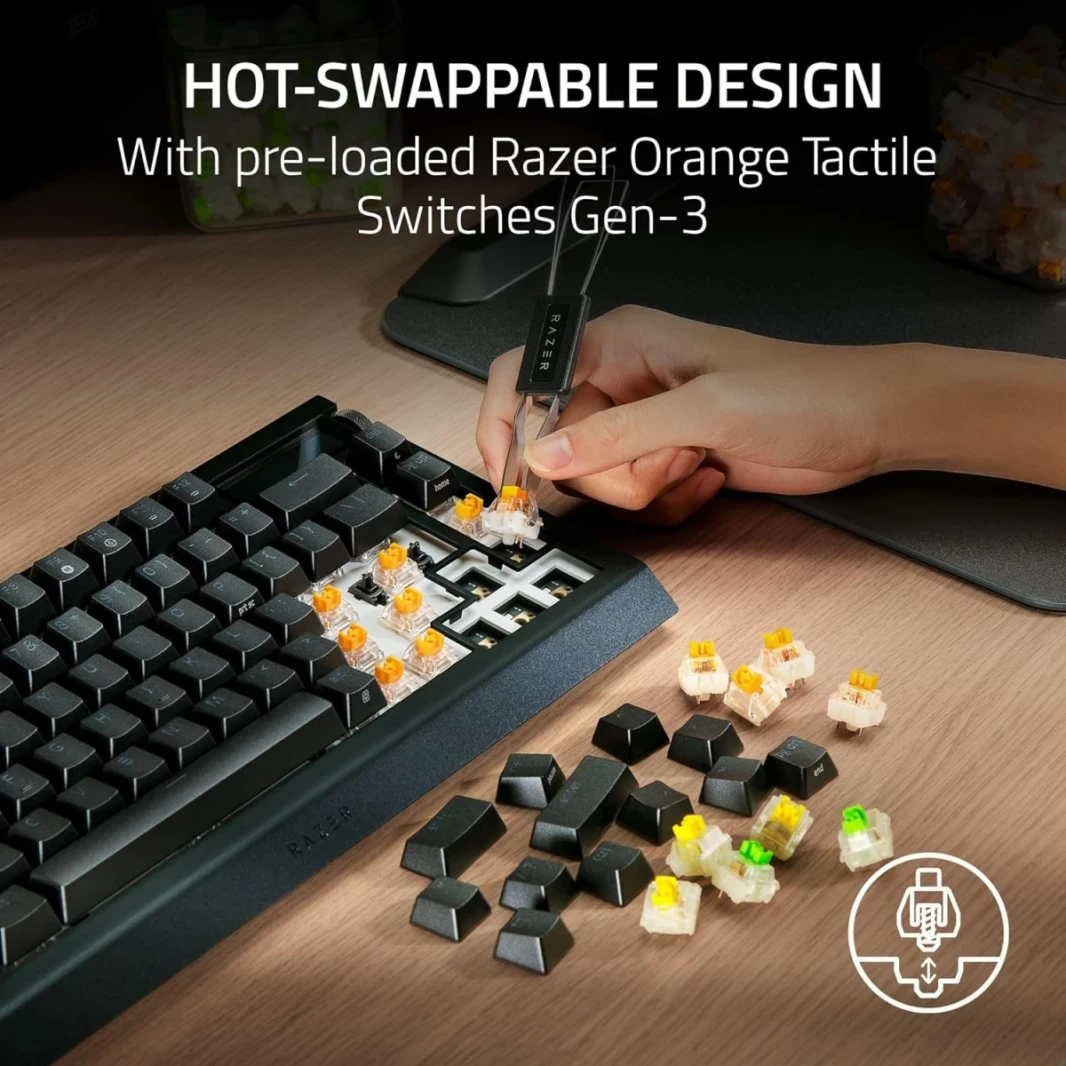 Razer Blackwidow V4 Pro 75 ٪ لوحة مفاتيح ألعاب ميكانيكية ، مفتاح ميكانيكي برتقالي اللمس Gen-3 ، قرص القيادة ، تخطيط اللغة الإنجليزية الأمريكية ، كابل من النوع C القابل للفصل ، الأسود