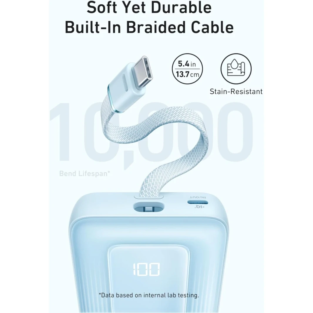 Anker A1688 Zolo Portable Charger ، بنك طاقة بحجم 10،000 مللي أمبير في الساعة مع كابل USB-C Lanyard المدمج للسفر ، حزمة بطارية سريعة الشحن-أبيض