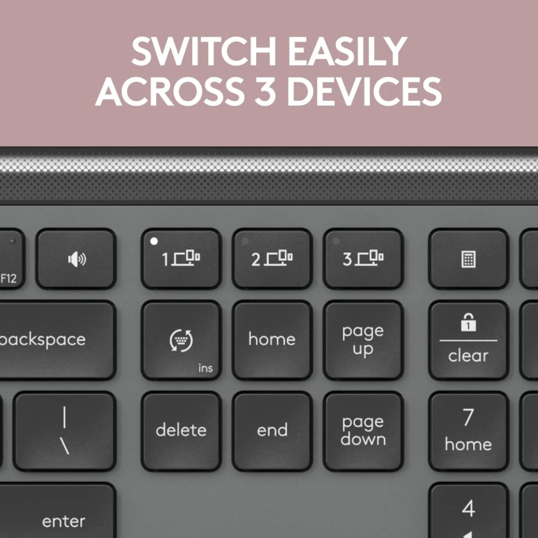 Logitech K950 Signature Slim Full-Size Wireless Beyboard ، مفاتيح التبديل السهلة ، أرجل الميل ، Bluetooth Low Energy + Logi Bolt Connectivity 10M Range Range arivic & English Layout ، Black