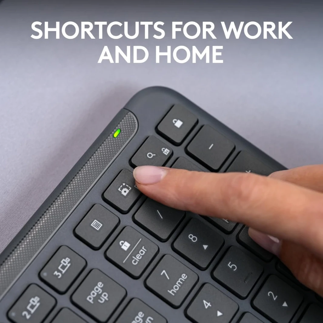 Logitech K950 Signature Slim Full-Size Wireless Beyboard ، مفاتيح التبديل السهلة ، أرجل الميل ، Bluetooth Low Energy + Logi Bolt Connectivity 10M Range Range arivic & English Layout ، Black