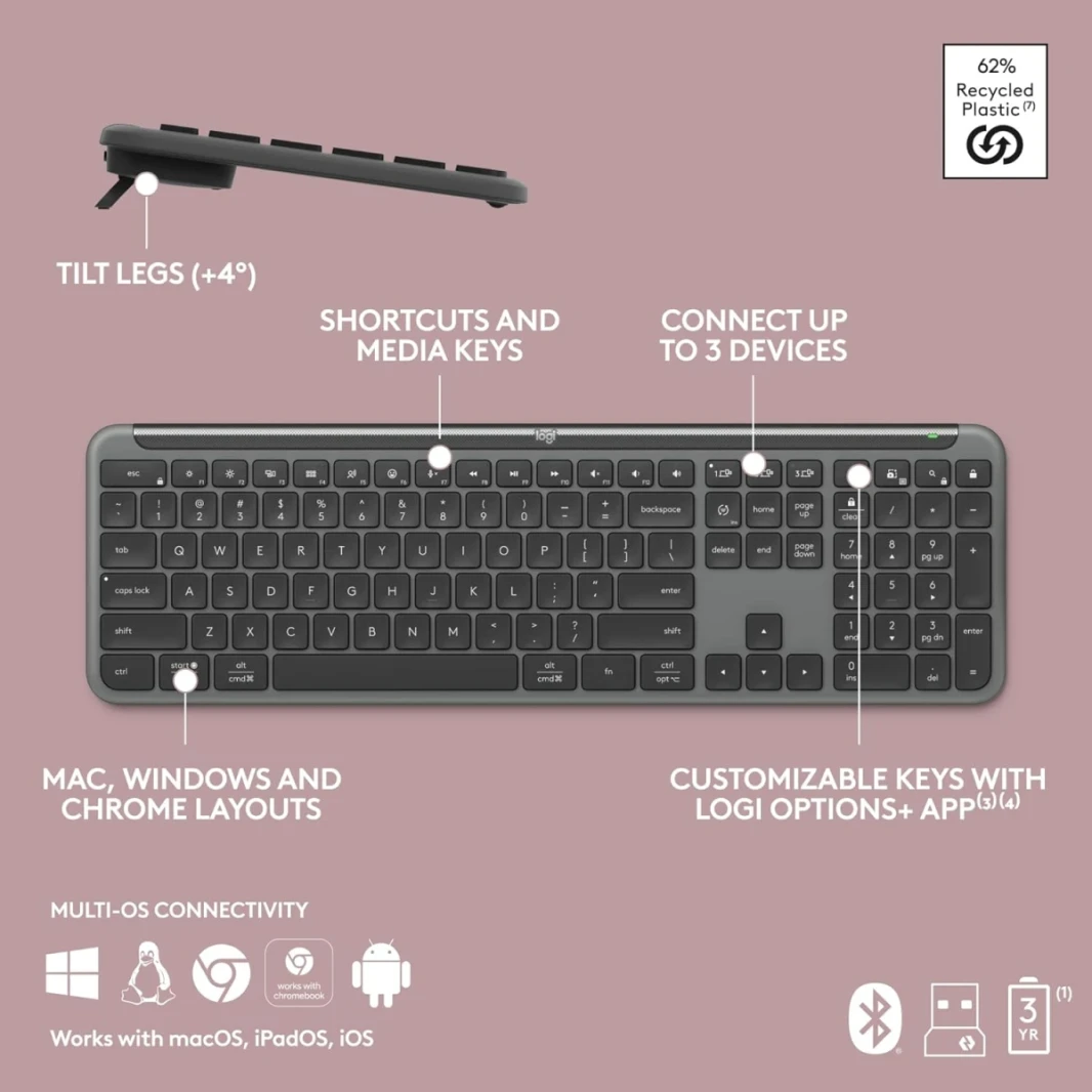 Logitech K950 Signature Slim Full-Size Wireless Beyboard ، مفاتيح التبديل السهلة ، أرجل الميل ، Bluetooth Low Energy + Logi Bolt Connectivity 10M Range Range arivic & English Layout ، Black