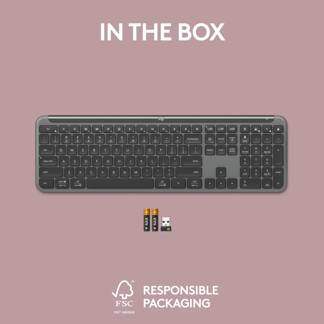 Logitech K950 Signature Slim Full-Size Wireless Beyboard ، مفاتيح التبديل السهلة ، أرجل الميل ، Bluetooth Low Energy + Logi Bolt Connectivity 10M Range Range arivic & English Layout ، Black