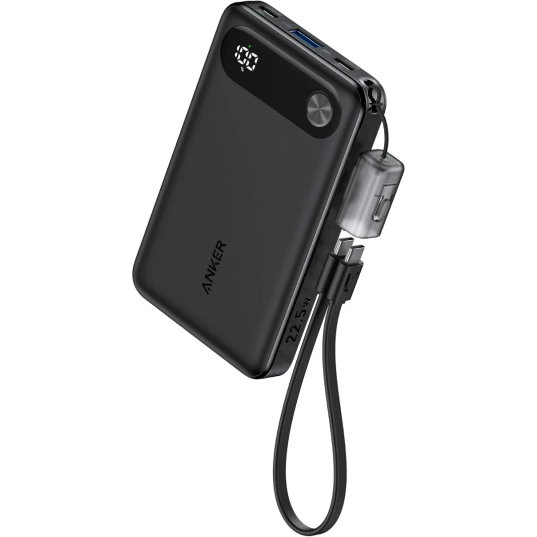 Anker A1257P11 Power Bank ، شاحن محمول 10000 مللي أمبير في الساعة مع كابل USB-C و Lanyard المدمج ، 22.5W كحد أقصى مع منفذ USB-C & A ، حزمة بطارية لـ iPhone 15/14 ، Galaxy S23 ، iPad ، AirPods ، وأكثر من ذلك-Black-Black