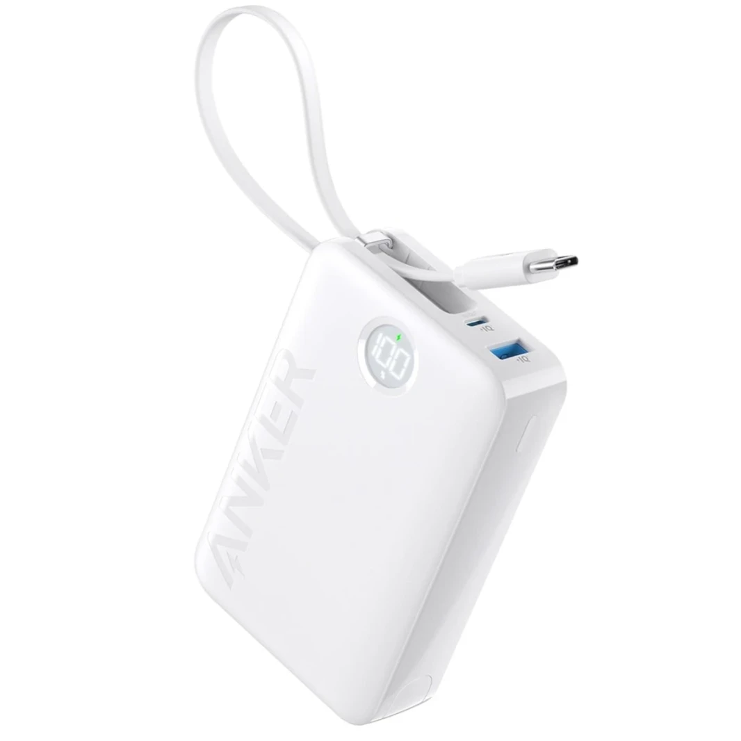 Anker Power Bank Battery Pack, 20,000mAh 22.5W High Speed Charging Portable Charger with Built-in USB C Cable, 1 USB-C, 1 USB-A, for iPhone 15/15 Plus/15 Pro/15 Pro Max, MacBook, Galaxy - White