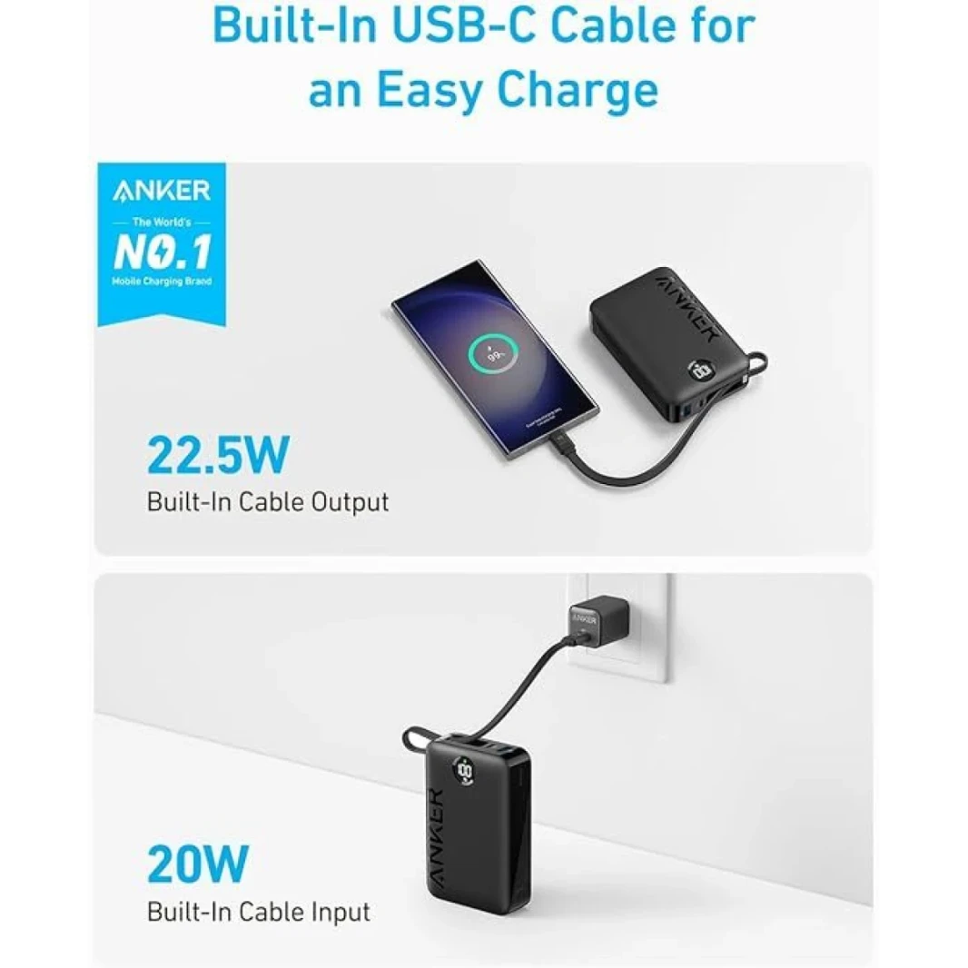 حزمة بطارية Anker Power Bank ، 20000 مللي أمبير في الساعة 22.5 واط شاحن محمول عالي الشحن مع كابل USB C المدمج ، 1 USB-C ، 1 USB-A ، لـ iPhone 15/15 Plus/15 Pro/15 Pro Max ، MacBook ، Galaxy-Black