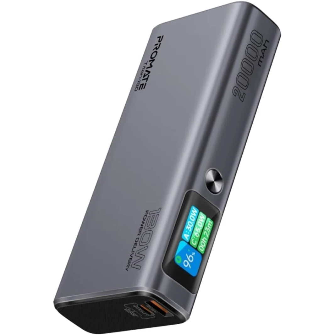 PROMATE TITAN-130 Universal 20000mAH PORTION PORTALITY POCK مع توصيل الطاقة 130W ، وشاشة LCD الذكية TFT ، و USB-A QC 3.0 ، ومنافذ إدخال/إخراج USB-C المزدوجة ، وحماية الإفراط في التسخين