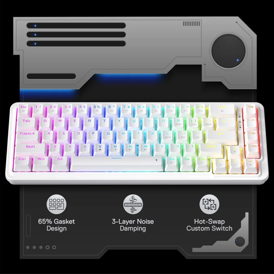 Redragon K709 Nova 65 ٪ Wired Gasket RGB Gaming Keyboard ، 68 Keys Hot-swap لوحة مفاتيح ميكانيكية مضغوطة مع مقبس حرة مع مرمى ، رطبة ضوضاء 3 طبقات ومفاتيح أسهم مخصصة ، مفتاح خطي مخصص هادئ ، أبيض