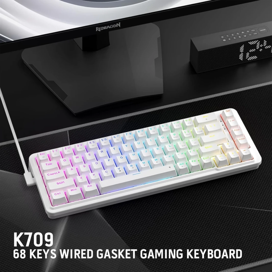 Redragon K709 Nova 65 ٪ Wired Gasket RGB Gaming Keyboard ، 68 Keys Hot-swap لوحة مفاتيح ميكانيكية مضغوطة مع مقبس حرة مع مرمى ، رطبة ضوضاء 3 طبقات ومفاتيح أسهم مخصصة ، مفتاح خطي مخصص هادئ ، أبيض