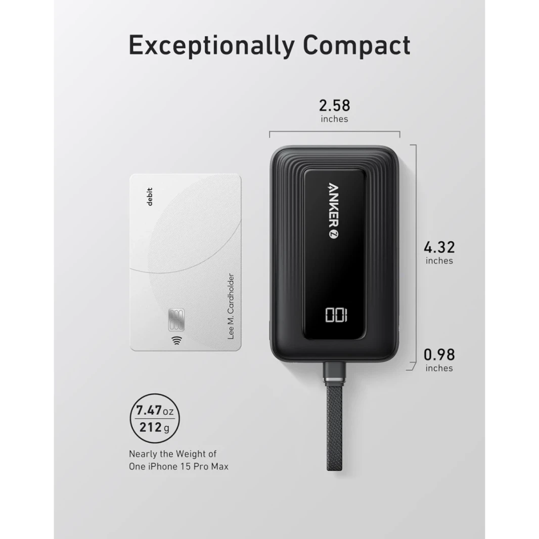 Anker A1688 Zolo Portable Charger, 10,000mAh 30W Power Bank with Built-in Lanyard USB-C Cable for Travel, Fast Charging Battery Pack - Black