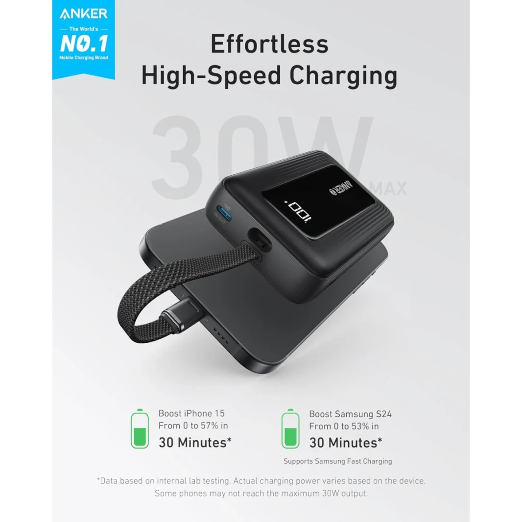 Anker A1688 Zolo Portable Charger, 10,000mAh 30W Power Bank with Built-in Lanyard USB-C Cable for Travel, Fast Charging Battery Pack - Black