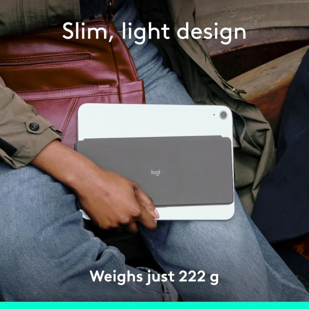 لوحة مفاتيح iPad اللاسلكية المحمولة من Logitech Keys-to-Go 2 مع غطاء مدمج ولوحة مفاتيح Bluetooth النحيفة والضغوط لجهاز iPad و iPhone و Mac و Apple TV ، بسهولة مع الأجهزة العربية والإنجليزية-الجرافيت