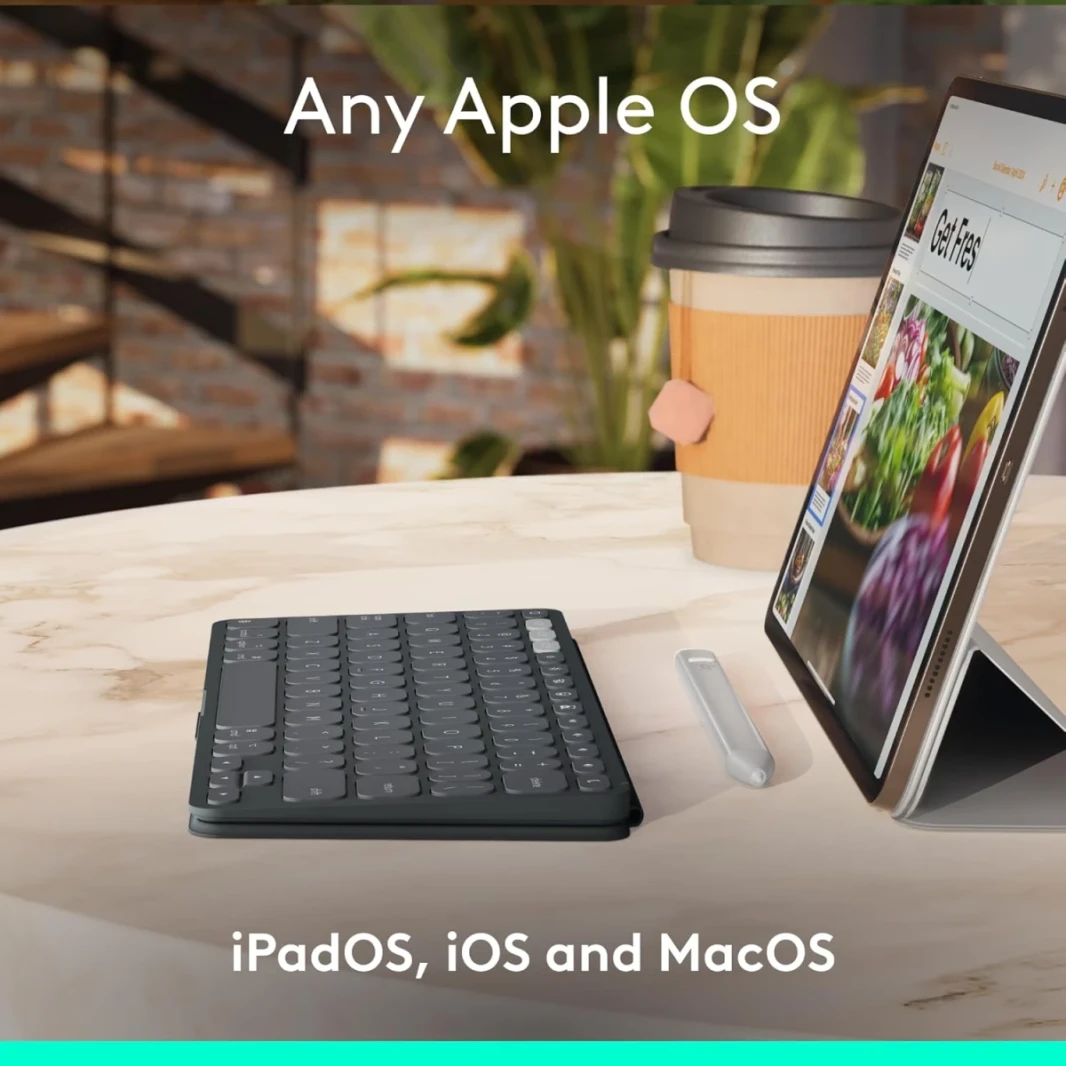 لوحة مفاتيح iPad اللاسلكية المحمولة من Logitech Keys-to-Go 2 مع غطاء مدمج ولوحة مفاتيح Bluetooth النحيفة والضغوط لجهاز iPad و iPhone و Mac و Apple TV ، بسهولة مع الأجهزة العربية والإنجليزية-الجرافيت