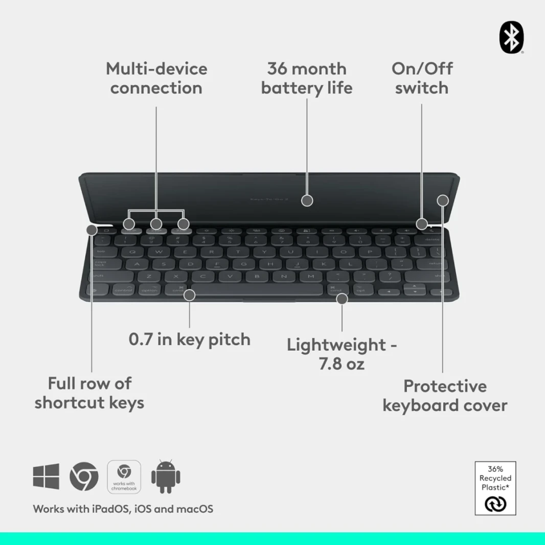 لوحة مفاتيح iPad اللاسلكية المحمولة من Logitech Keys-to-Go 2 مع غطاء مدمج ولوحة مفاتيح Bluetooth النحيفة والضغوط لجهاز iPad و iPhone و Mac و Apple TV ، بسهولة مع الأجهزة العربية والإنجليزية-الجرافيت