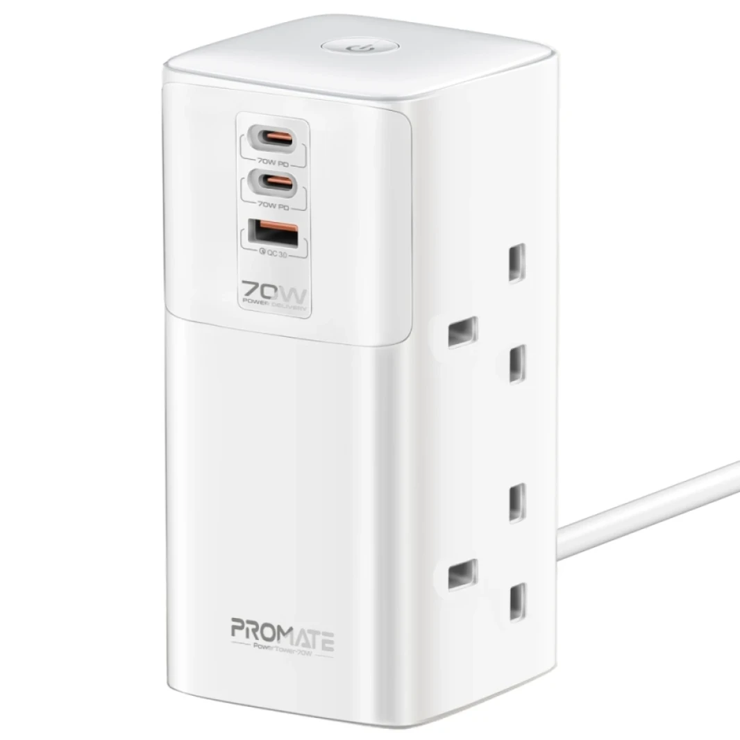 Promate Power Tower 70W multi-port Charging Station dual PD70W USB-C ports, a 30W QC 3.0 port and four universal 2500W Charging Station with Quad AC Sockets