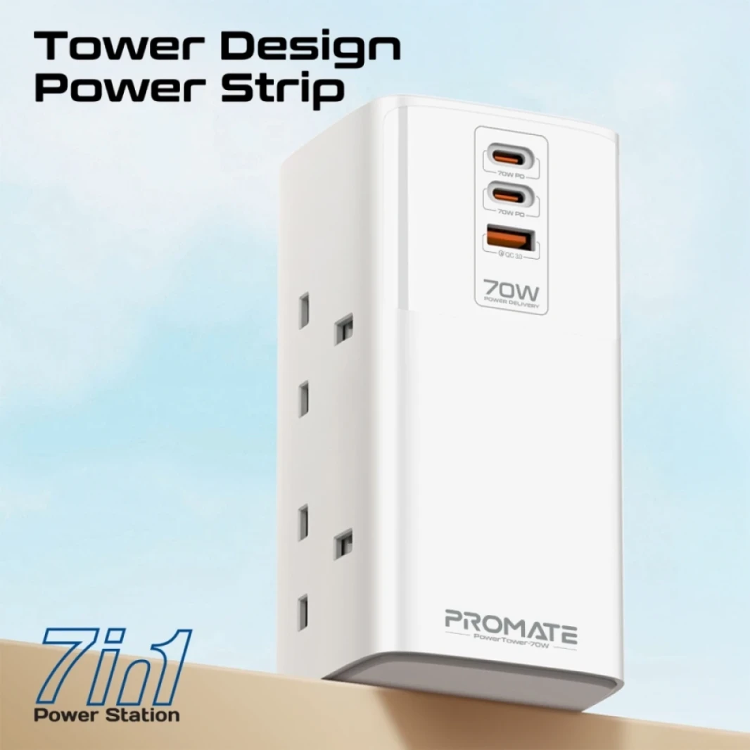 Promate Power Tower 70W multi-port Charging Station dual PD70W USB-C ports, a 30W QC 3.0 port and four universal 2500W Charging Station with Quad AC Sockets