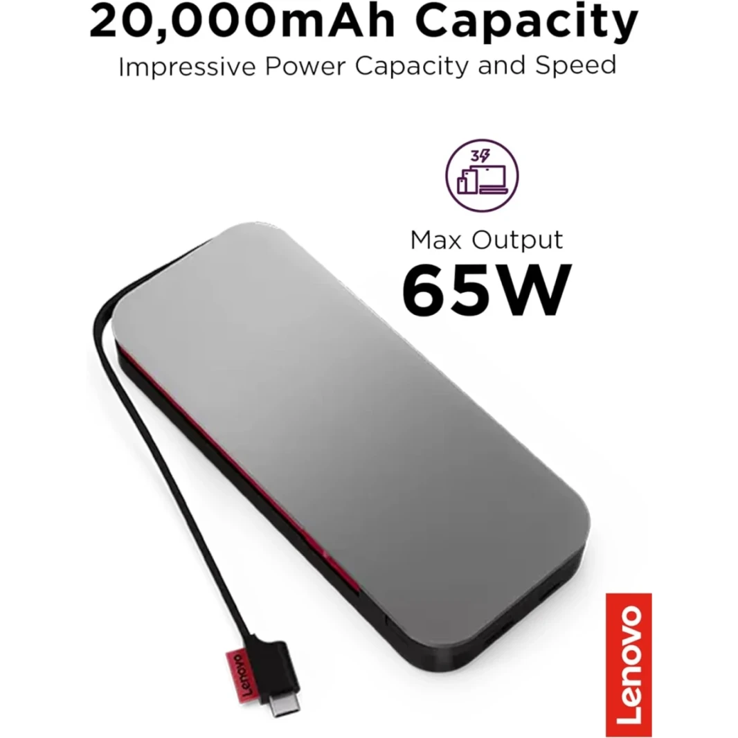 Lenovo Go USB-C Laptop Power Bank 20000 mAh 65W USB-C & USB-A Ports Fast Charging Portable Power Station with Integrated Cable - Storm Grey
